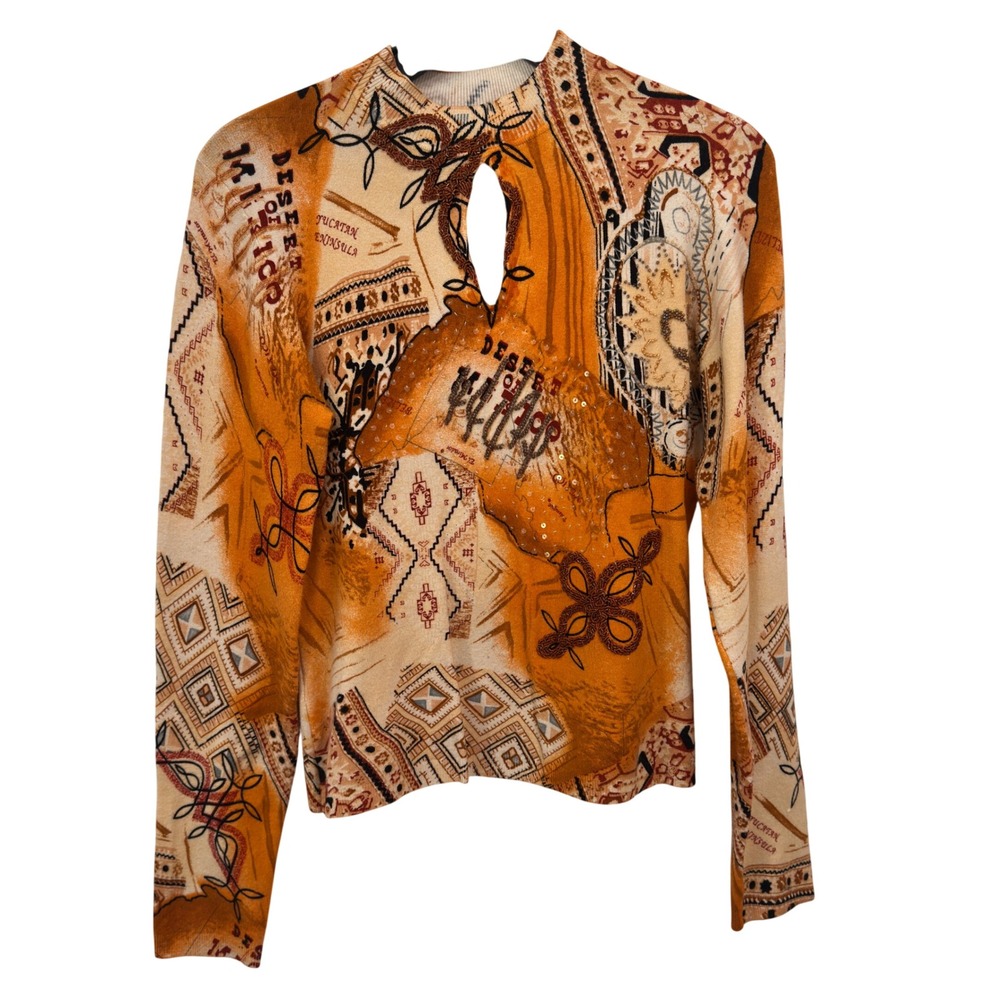 Y2K Beaded Knit Top Orange Desert Mexico Map Print Art to Wear Long Sleeve L